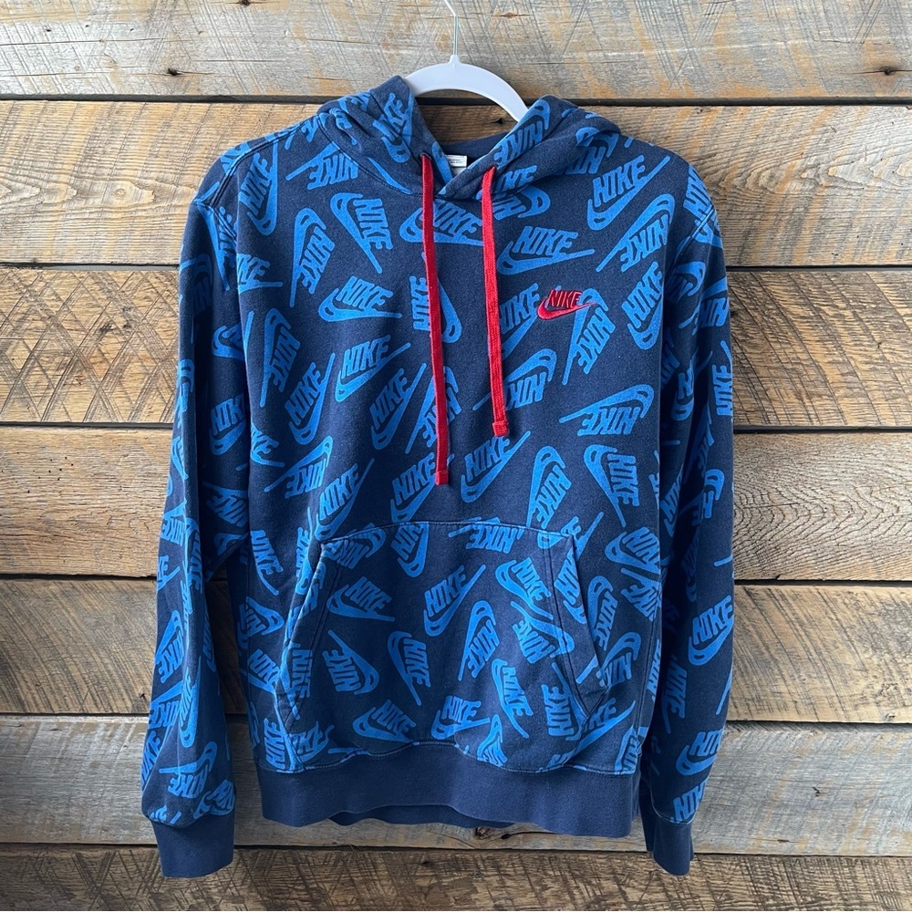 Nike Sportswear Essentials+ Logo AOP Hoodie Sweatshirt Blue Red Kids Teens Small